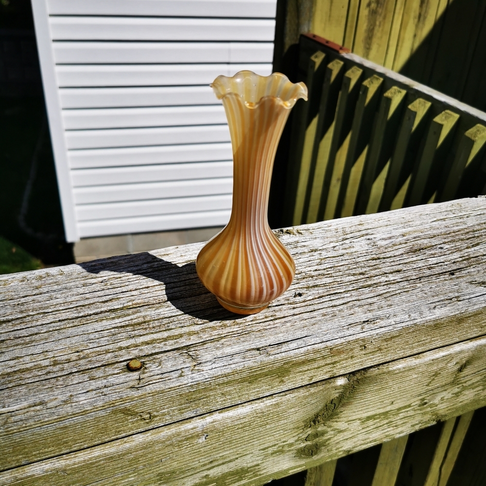 Art Glass Vase / Bud Vase ~ Striped Butterscotch Colour ~ Ruffled Rim